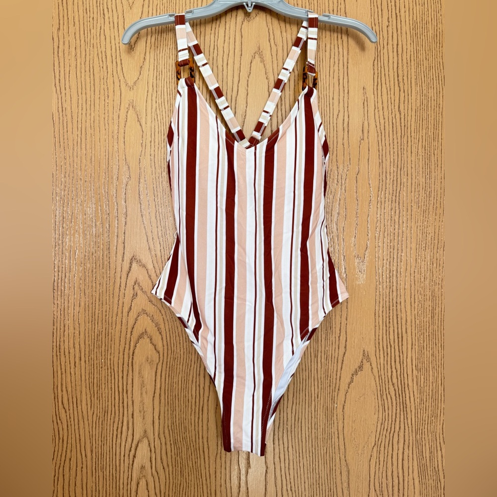 Cupshe Striped One-Piece Swimsuit in White, Rust & Peach